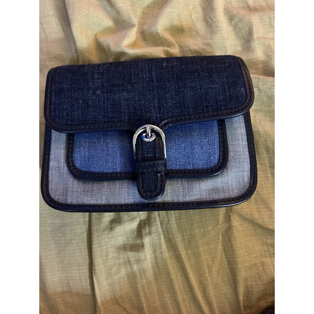 Michael Kors Denim Patchwork Clutch‎ Crossbody Wristlet Blue Gray Strap